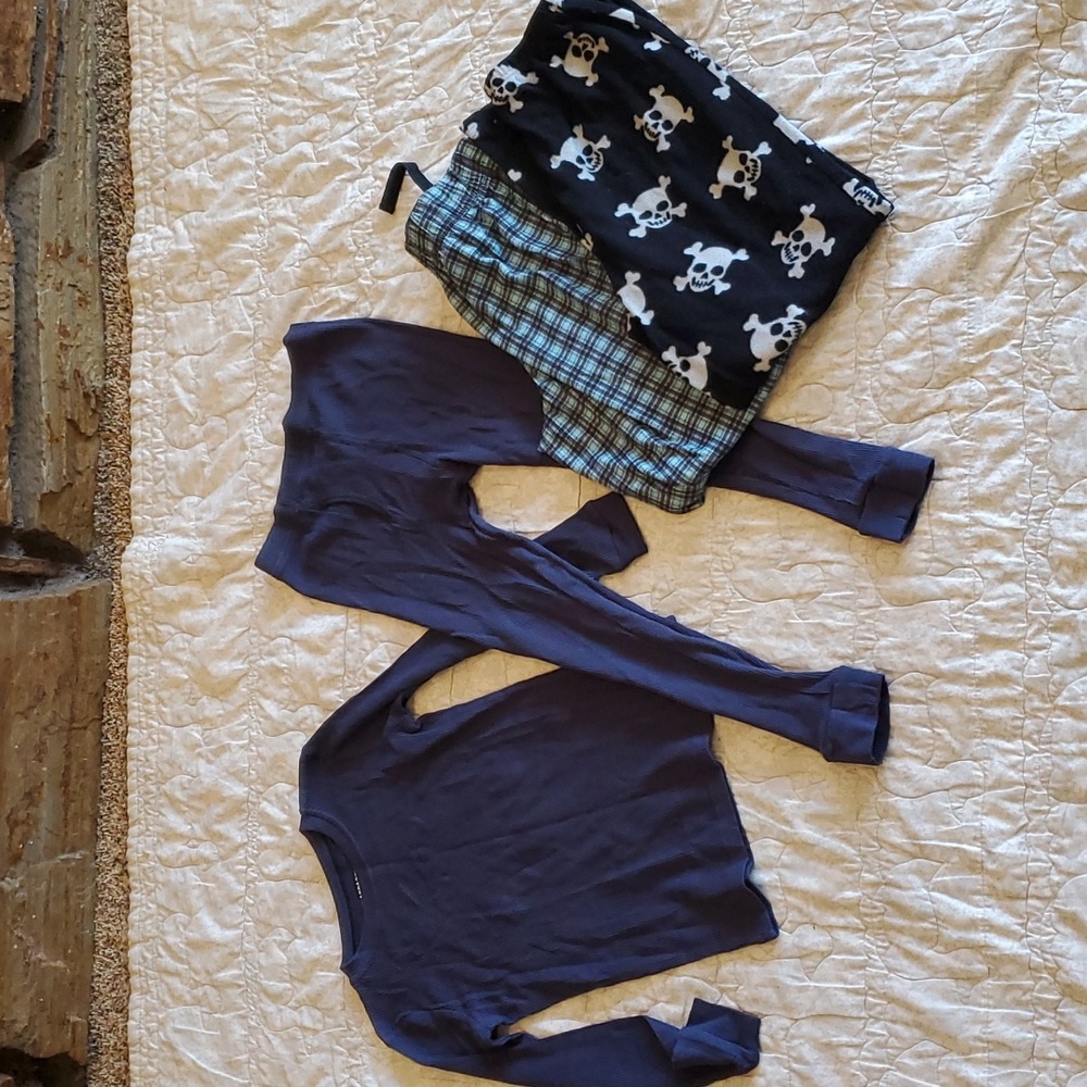 Long John's & Pajama Bottoms sz 12 14 Navy Blue  Plaid 12 14 Skulls 10 12